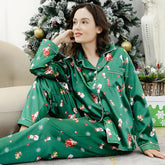 Women loungewear green printed Christmas pajama set